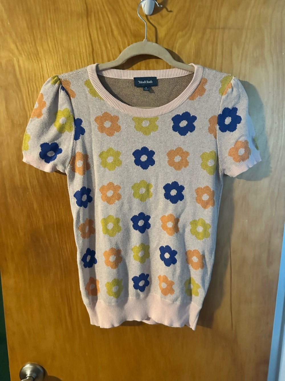ModCloth Pink Floral Crewneck Sweater with Blue, Orange & Yellow Flowers